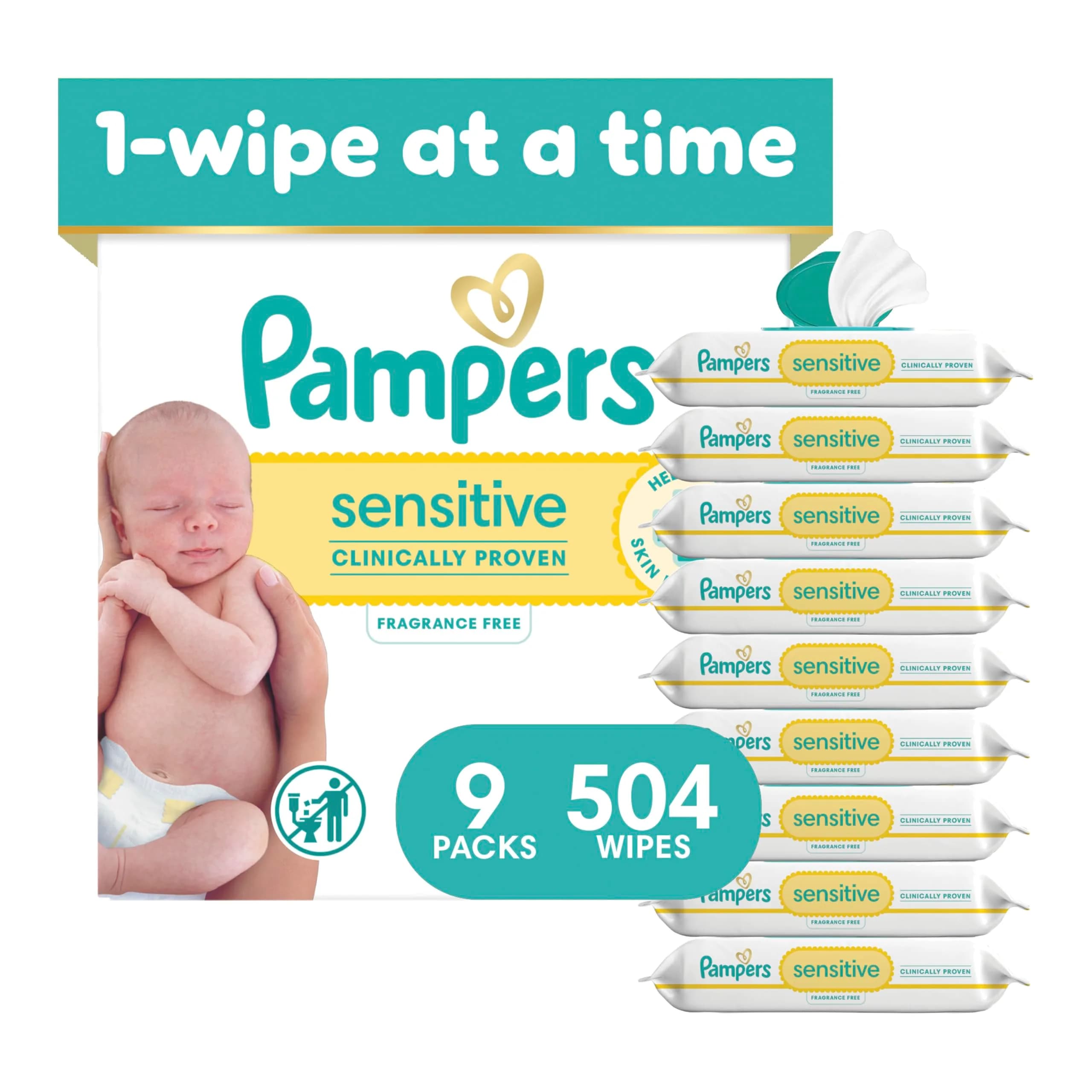 Pampers Sensitive Baby Wipes, 504 Count (9 Packs) | Clinically Proven for Healthier Skin