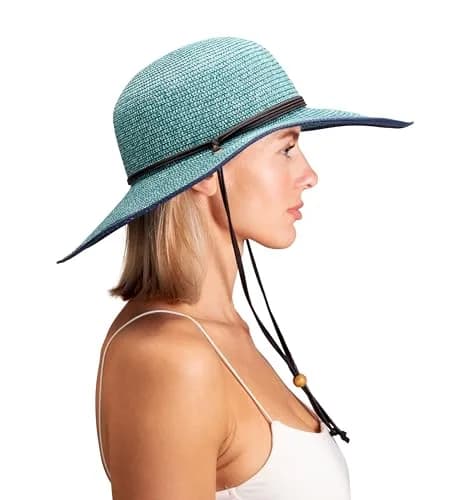 Sloggers Women's Wide Brim Braided Sun Hat with Wind Lanyard UPF 50+ Grey Blue | Maximum Sun Protection thumbnail 4