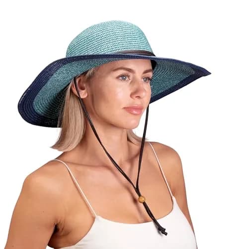 Sloggers Women's Wide Brim Braided Sun Hat with Wind Lanyard UPF 50+ Grey Blue | Maximum Sun Protection thumbnail 2