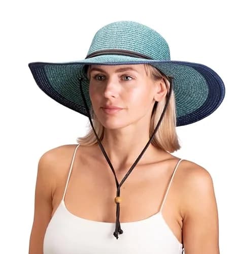 Sloggers Women's Wide Brim Braided Sun Hat with Wind Lanyard UPF 50+ Grey Blue | Maximum Sun Protection thumbnail 3