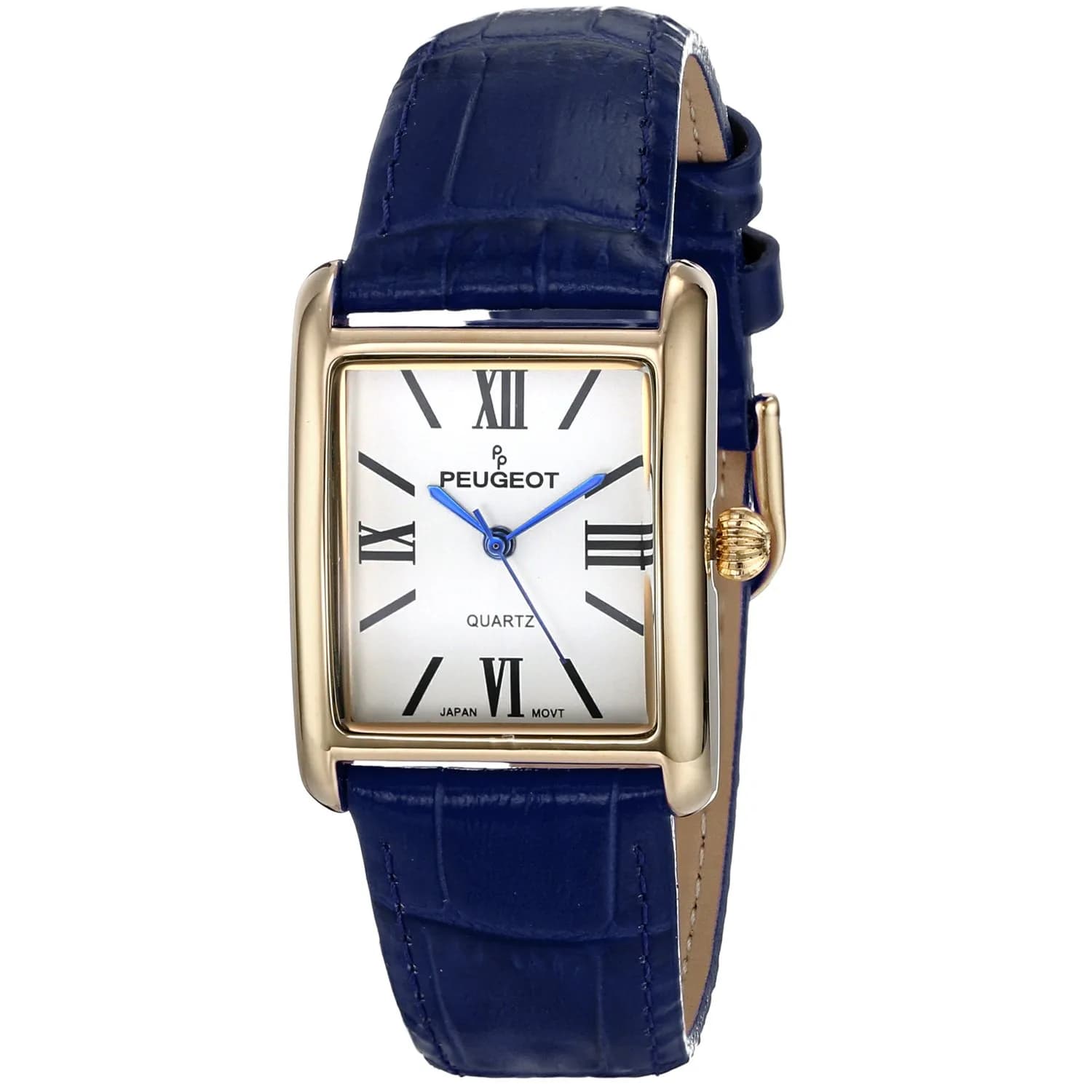 Peugeot Women's Tank Leather Dress Watch Roman Numeral Dial Blue Hands | Elegant Gold Plated — Gold/Blue