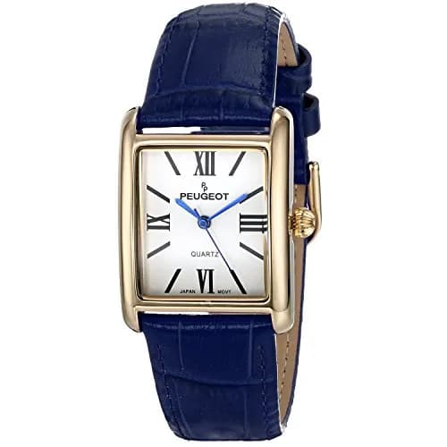 Peugeot Women's Tank Leather Dress Watch Roman Numeral Dial Blue Hands | Elegant Gold Plated thumbnail 1