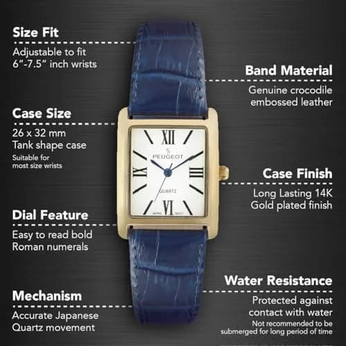 Peugeot Women's Tank Leather Dress Watch Roman Numeral Dial Blue Hands | Elegant Gold Plated thumbnail 2