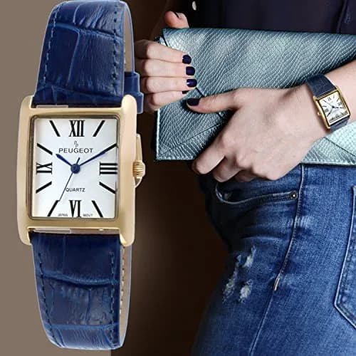 Peugeot Women's Tank Leather Dress Watch Roman Numeral Dial Blue Hands | Elegant Gold Plated thumbnail 3
