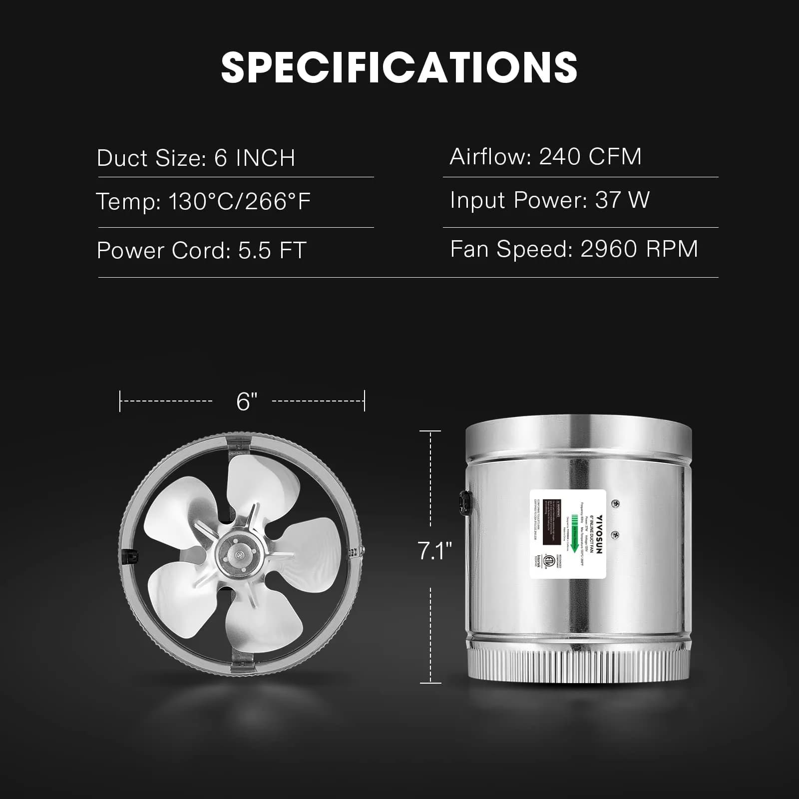 VIVOSUN 6 Inch Inline Duct Fan with Speed Regulator, 240 CFM | 15.2cm (6") Duct Diameter - view 5