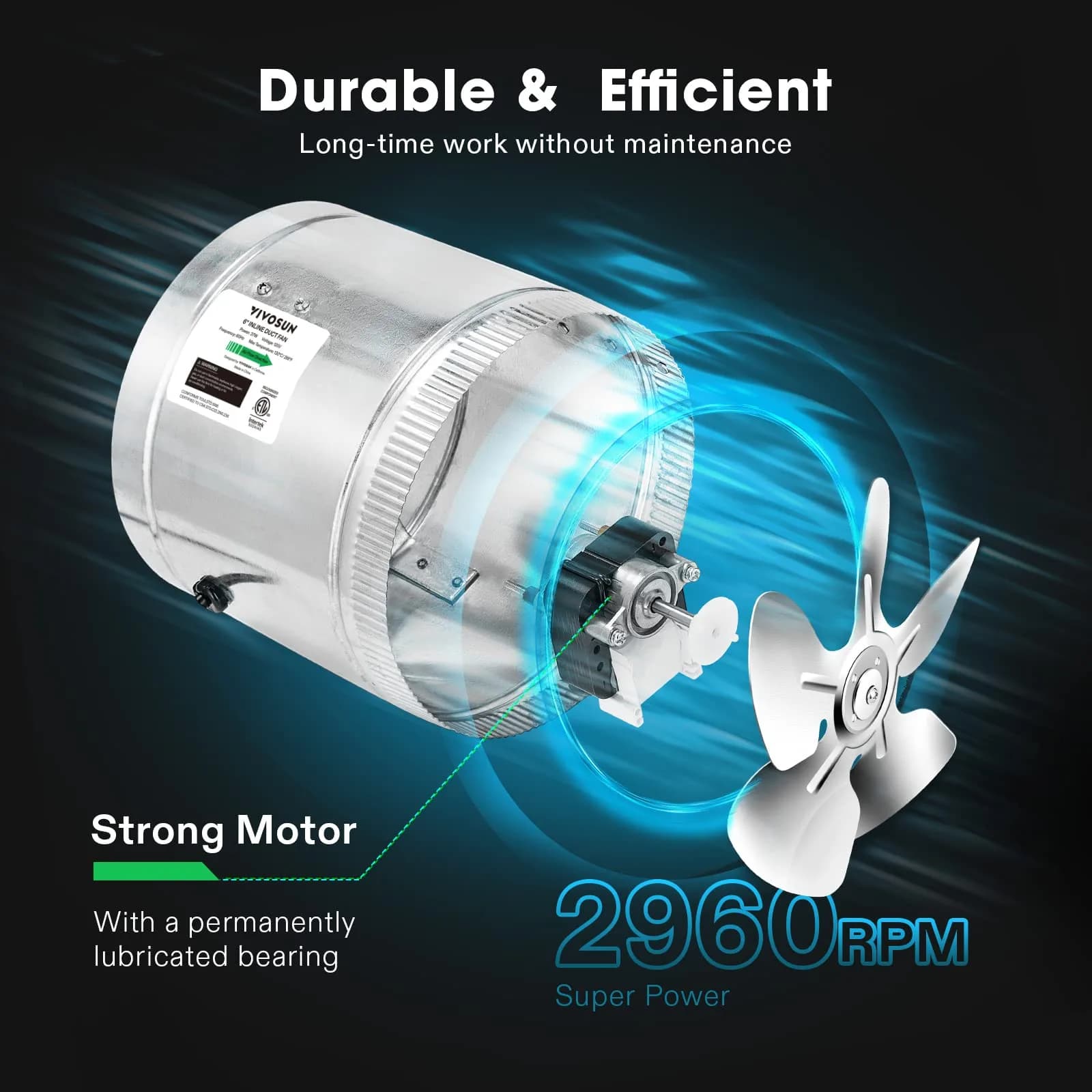 VIVOSUN 6 Inch Inline Duct Fan with Speed Regulator, 240 CFM | 15.2cm (6") Duct Diameter - view 3