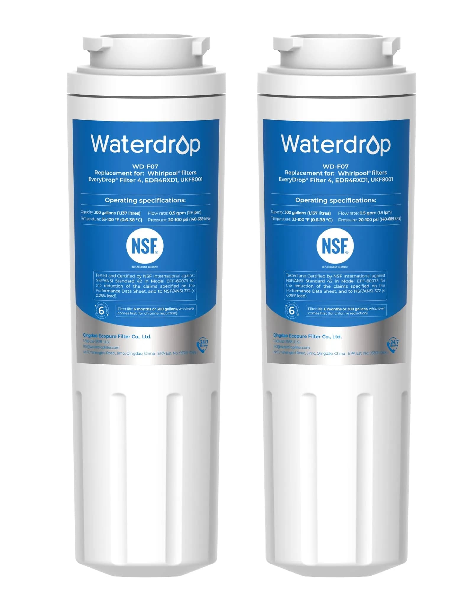 Waterdrop EDR4RXD1 Refrigerator Water Filter Replacement | 2 Filters, NSF Certified for Whirlpool UKF8001 - main product image