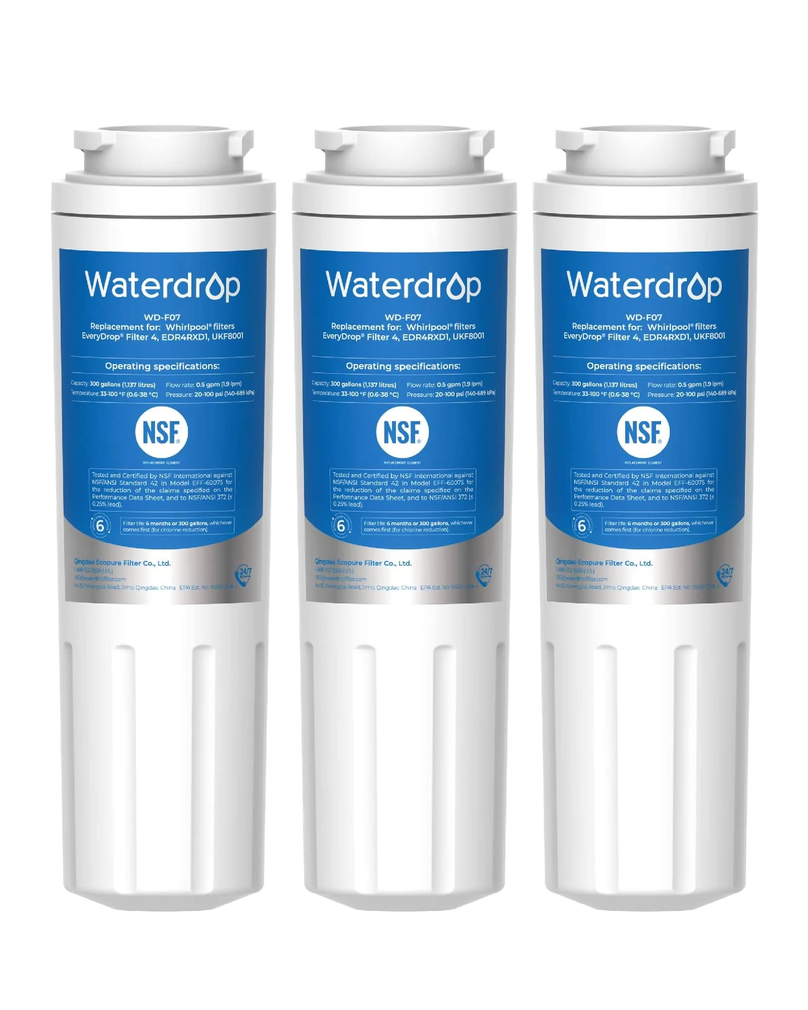 Waterdrop EDR4RXD1 Water Filter Replacement for EveryDrop® Filter 4, 3 Pack | NSF 42 & 372 Certified for Chlorine, Taste, Odor Reduction - main product image