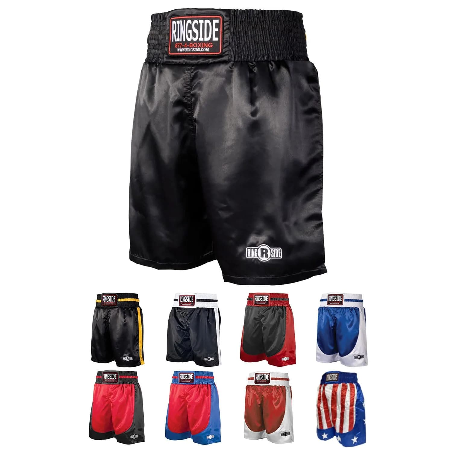 Ringside Pro-Style Boxing Trunks, Black, Youth Medium | Satin Shorts for Boxing & MMA — Black