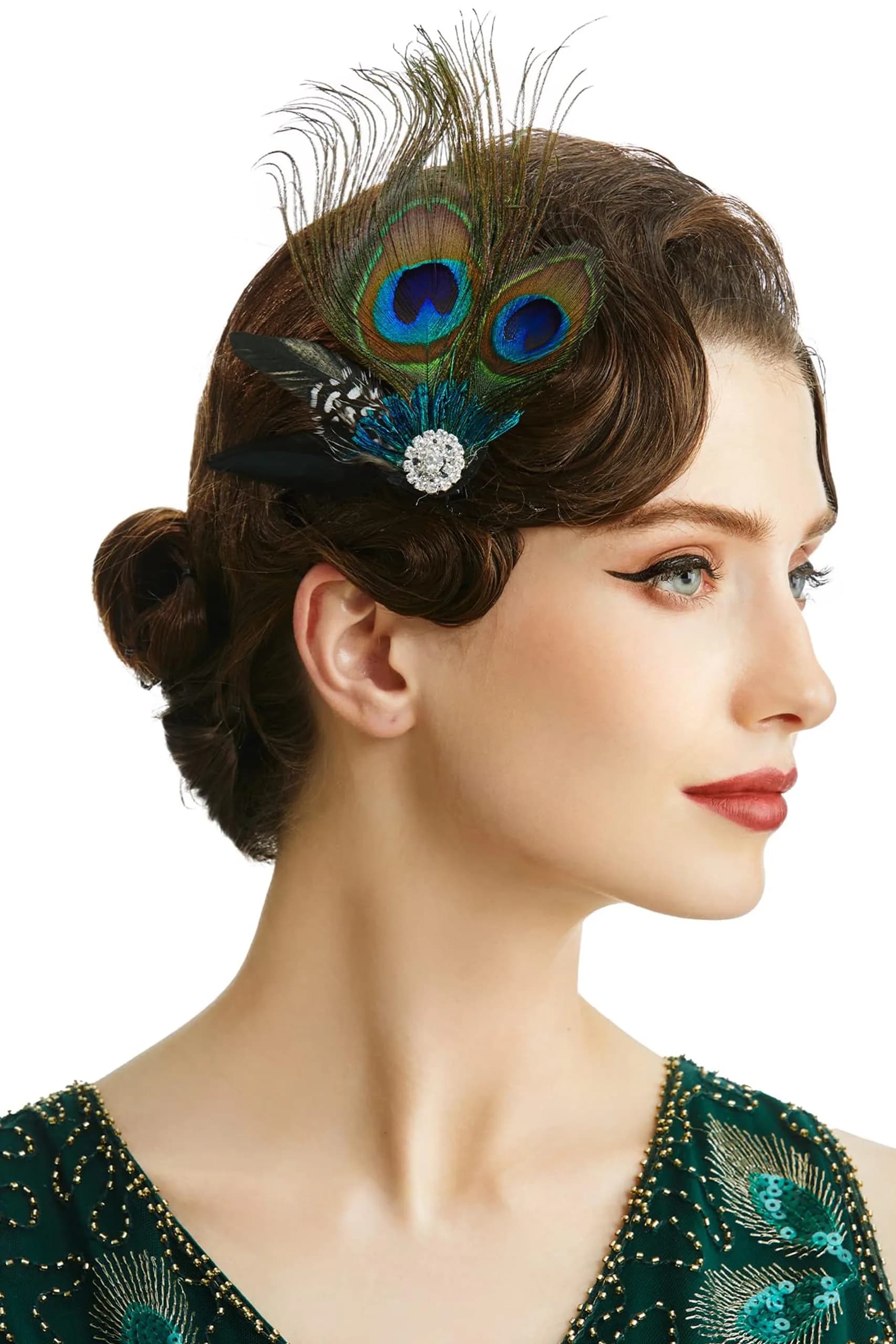BABEYOND Peacock Feather Hair Clip with Rhinestones | 1920s Peacock Flapper Fascinator, One Size — Style 1