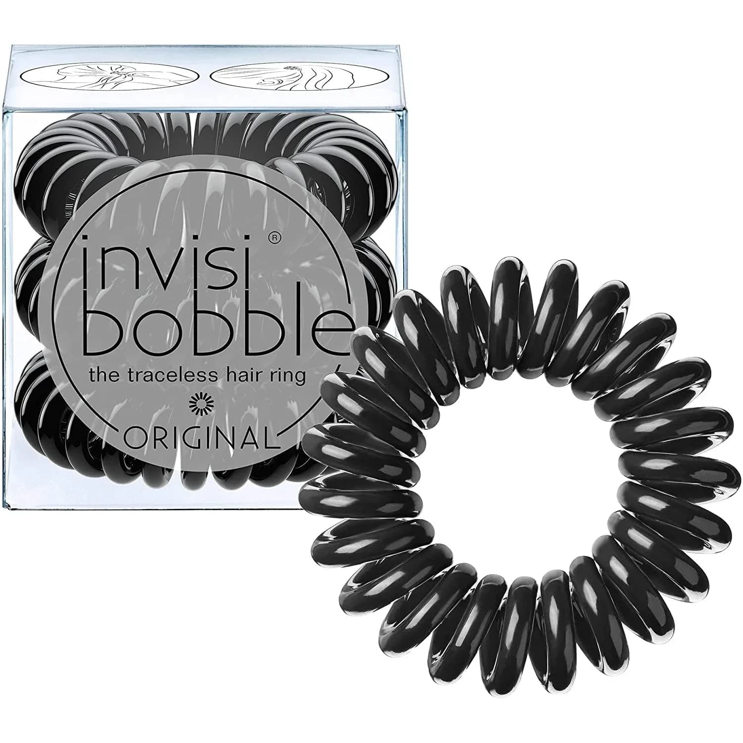 invisibobble Original Traceless Hair Ties (Pack of 3, True Black) | Spiral Grip for All Hair Types - main product image
