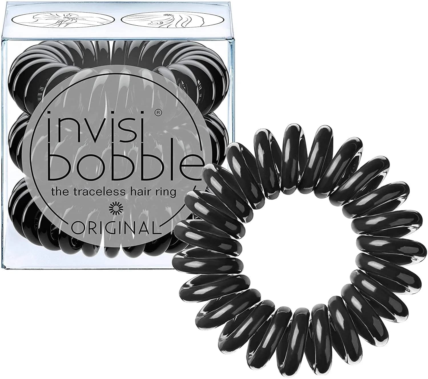 invisibobble Original Traceless Hair Ties (Pack of 3, True Black) | Spiral Grip for All Hair Types - main product image