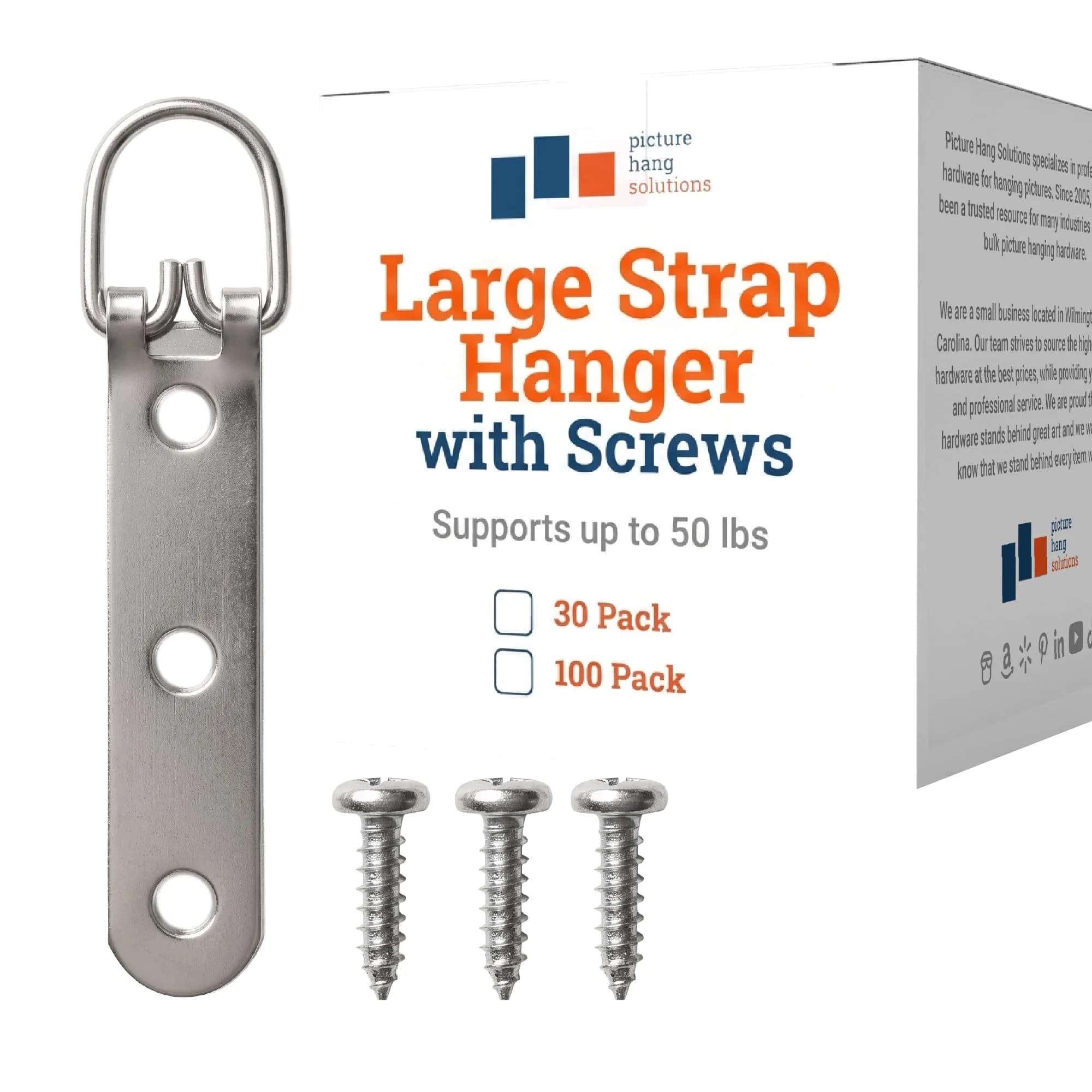 Picture Hang Solutions 3-Hole D-Ring Heavy Duty Picture Hangers 30 Pack | Supports up to 50 lb — Silver