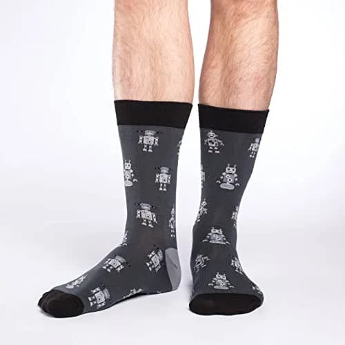 Good Luck Sock Men's Grey Robot Crew Socks Large (Shoe size 7-12) | Fun, Durable & Breathable Socks for Men thumbnail 2