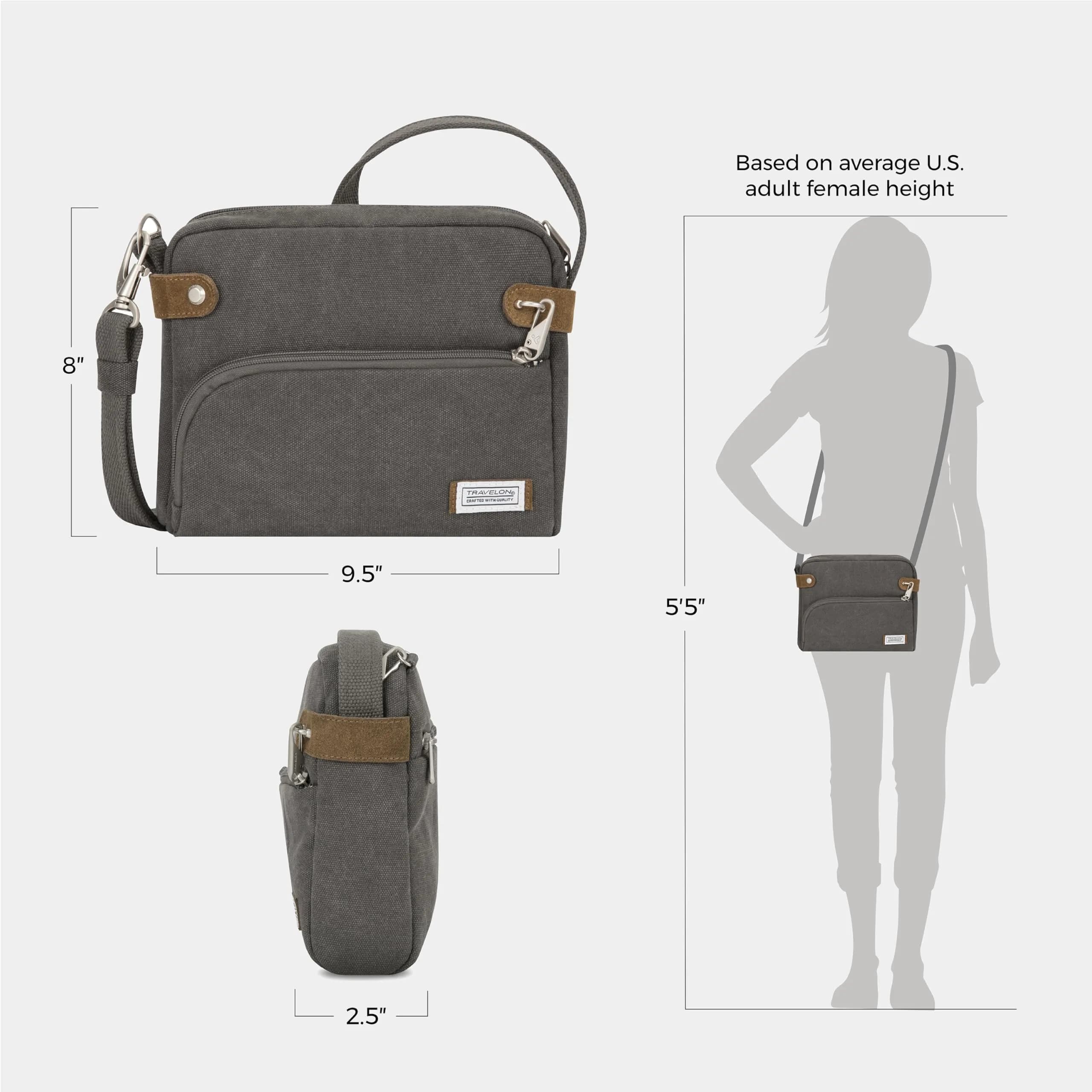Travelon Anti-Theft Heritage Crossbody Bag Pewter 20cm (7.9in) x 24cm (9.5in) x 6.4cm (2.5in) | Secure Travel Companion - view 5