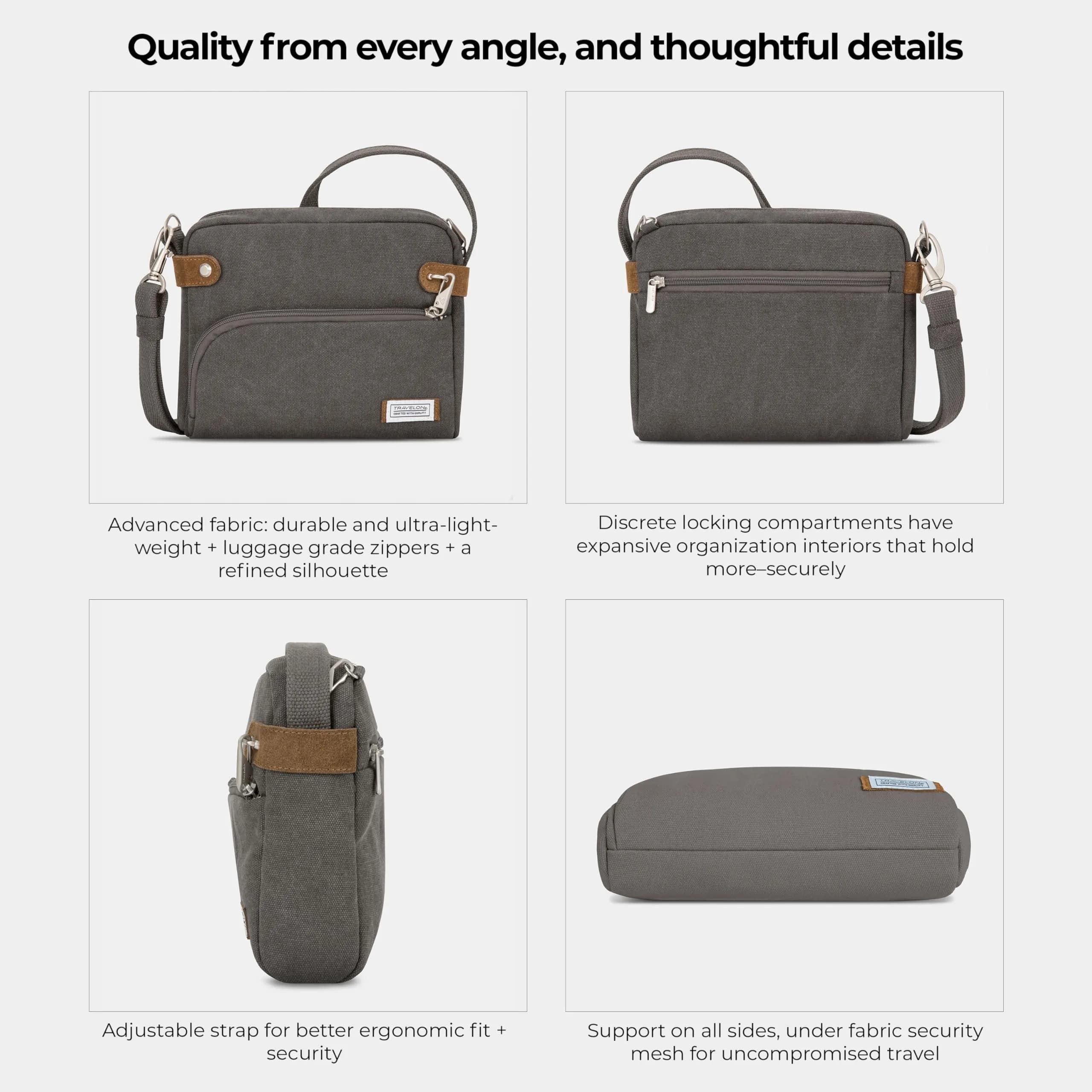 Travelon Anti-Theft Heritage Crossbody Bag Pewter 20cm (7.9in) x 24cm (9.5in) x 6.4cm (2.5in) | Secure Travel Companion - view 6