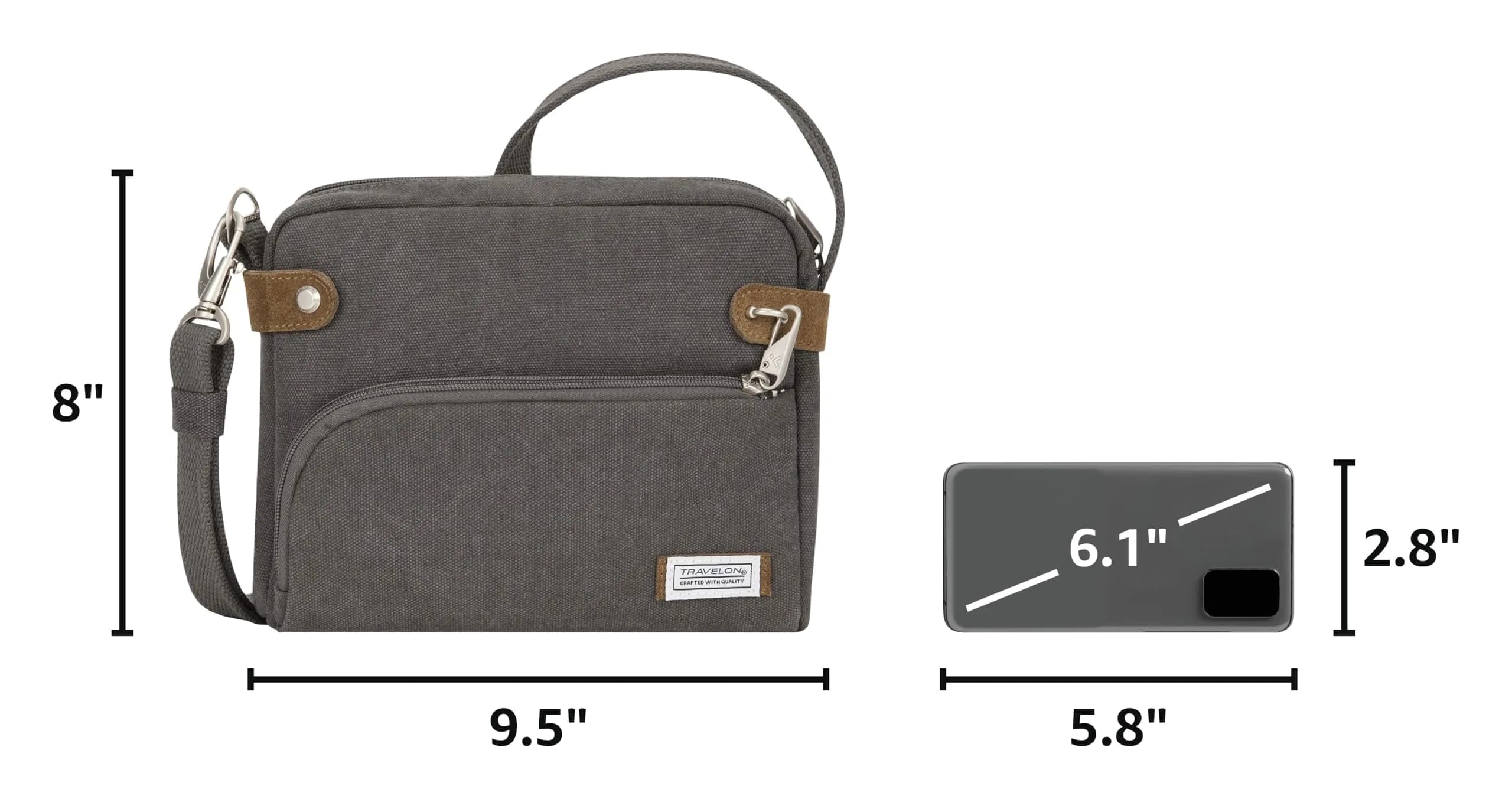 Travelon Anti-Theft Heritage Crossbody Bag Pewter 20cm (7.9in) x 24cm (9.5in) x 6.4cm (2.5in) | Secure Travel Companion - view 3