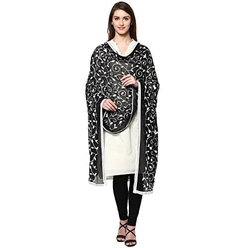 DUPATTA BAZAAR Embroidered Chiffon Dupatta 93x42 inch | White on Black thumbnail 1