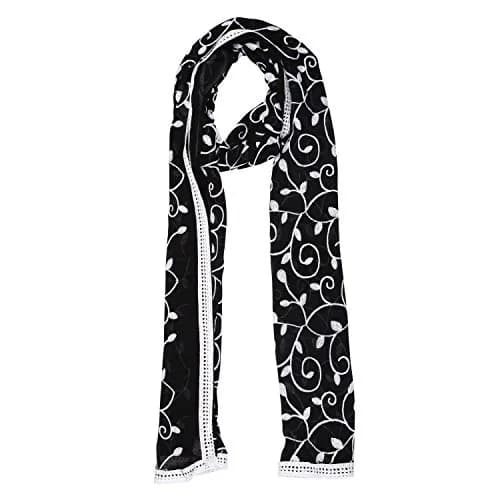 DUPATTA BAZAAR Embroidered Chiffon Dupatta 93x42 inch | White on Black thumbnail 4