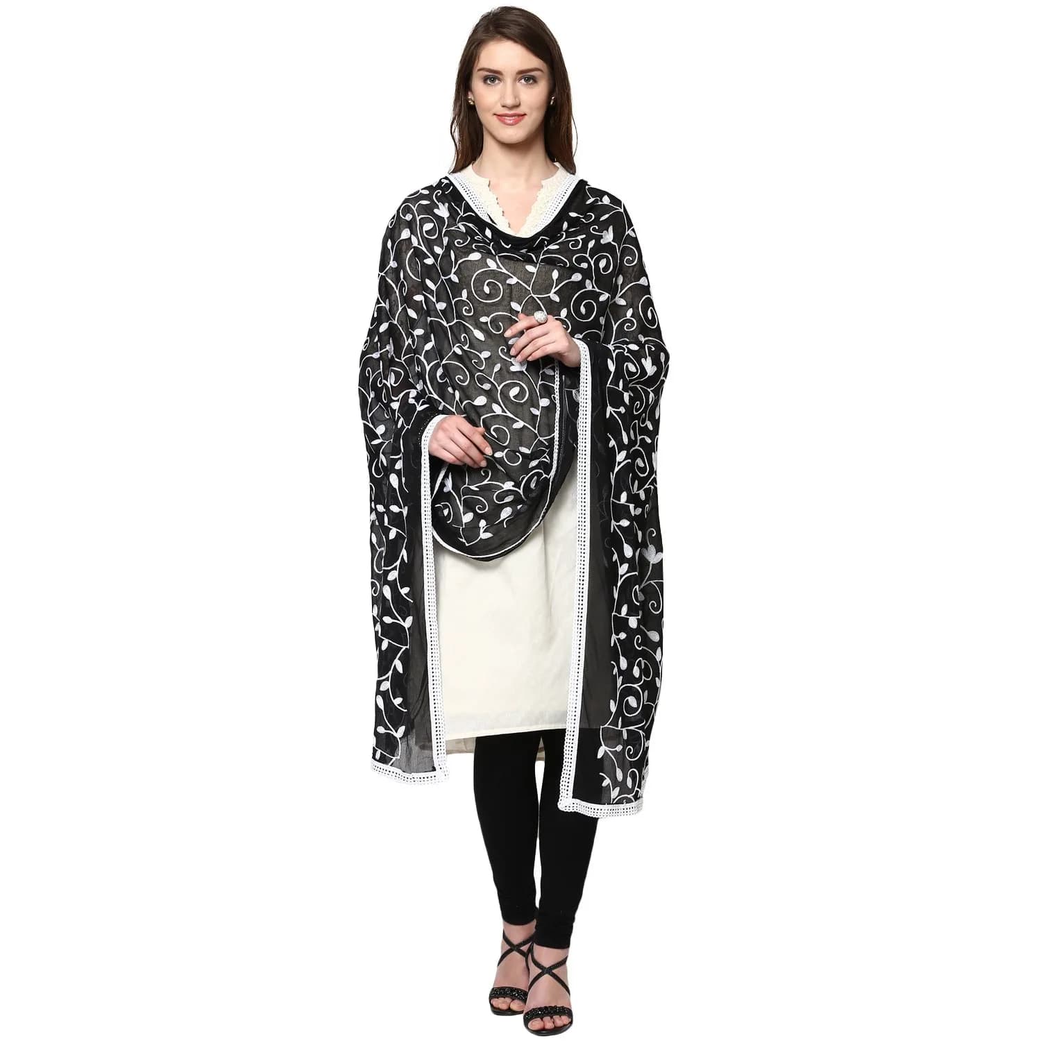 DUPATTA BAZAAR Embroidered Chiffon Dupatta 93x42 inch | White on Black - main product image