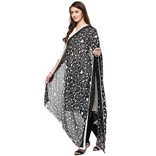 DUPATTA BAZAAR Embroidered Chiffon Dupatta 93x42 inch | White on Black thumbnail 2