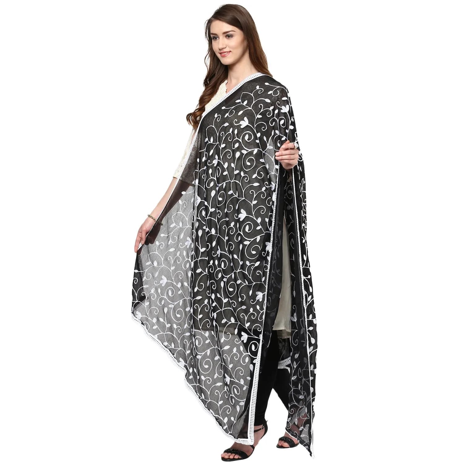 DUPATTA BAZAAR Embroidered Chiffon Dupatta 93x42 inch | White on Black - view 2