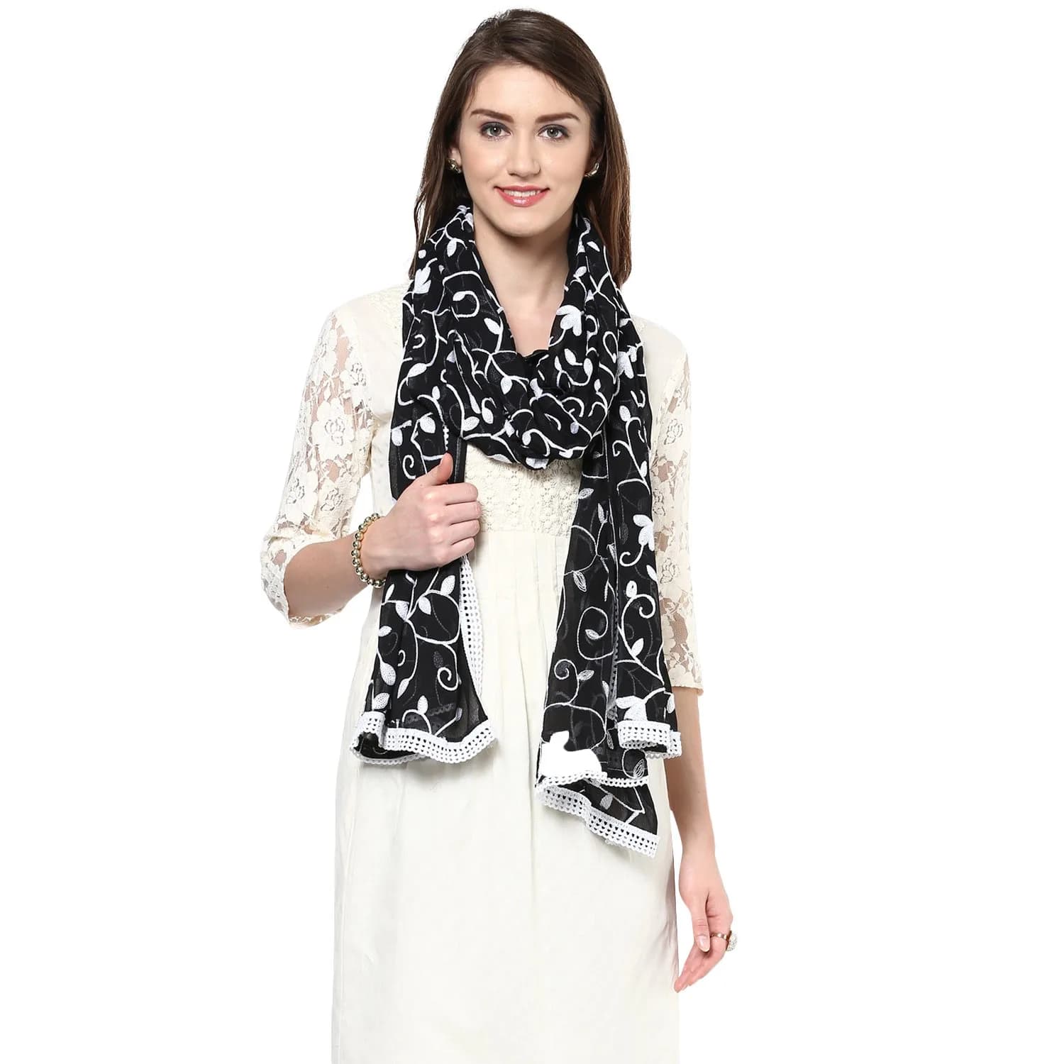 DUPATTA BAZAAR Embroidered Chiffon Dupatta 93x42 inch | White on Black - view 3