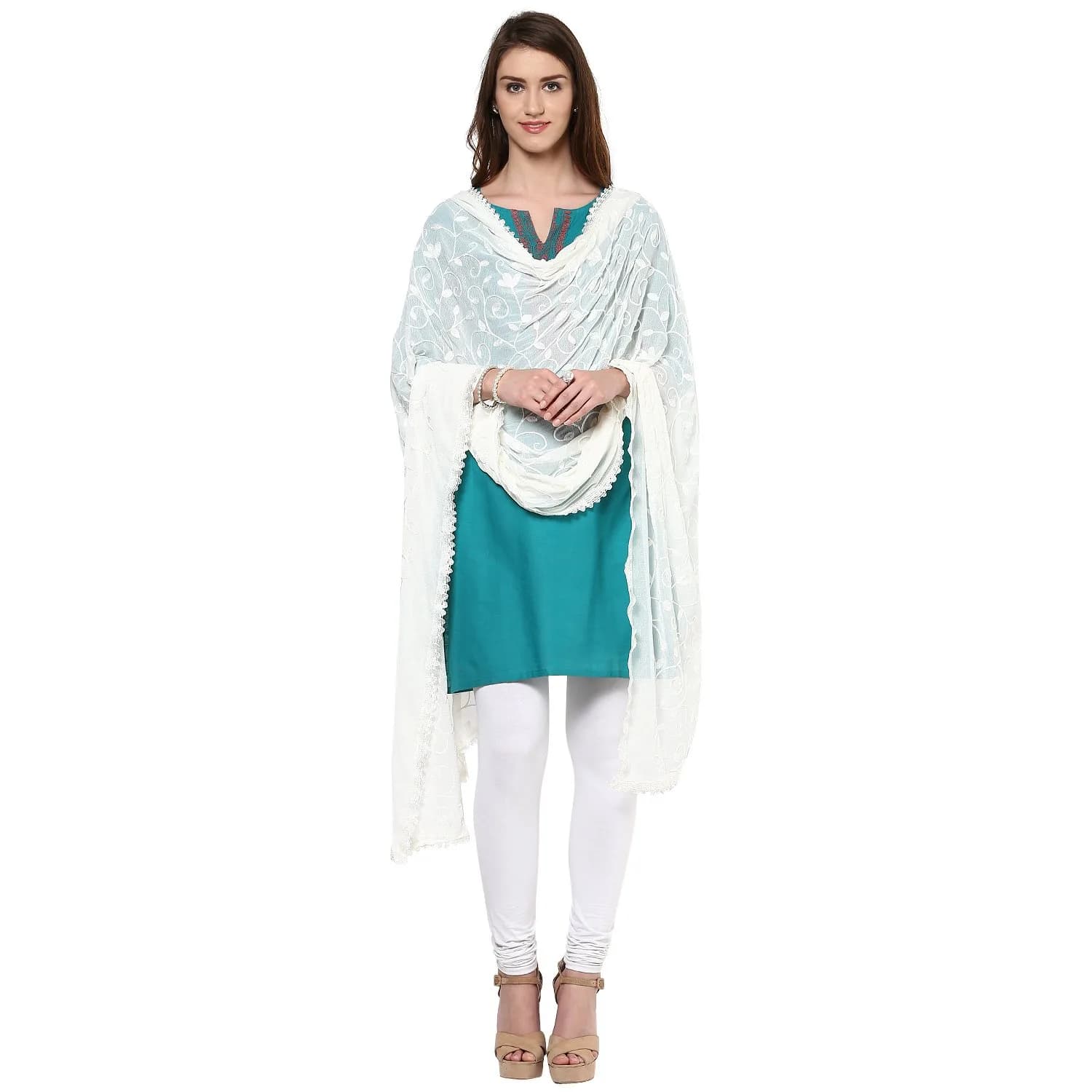 DUPATTA BAZAAR Embroidered Cream Chiffon Dupatta 93x42 inch (236x107 cm) | Soft Wrap for Ethnic & Western Outfits - main product image
