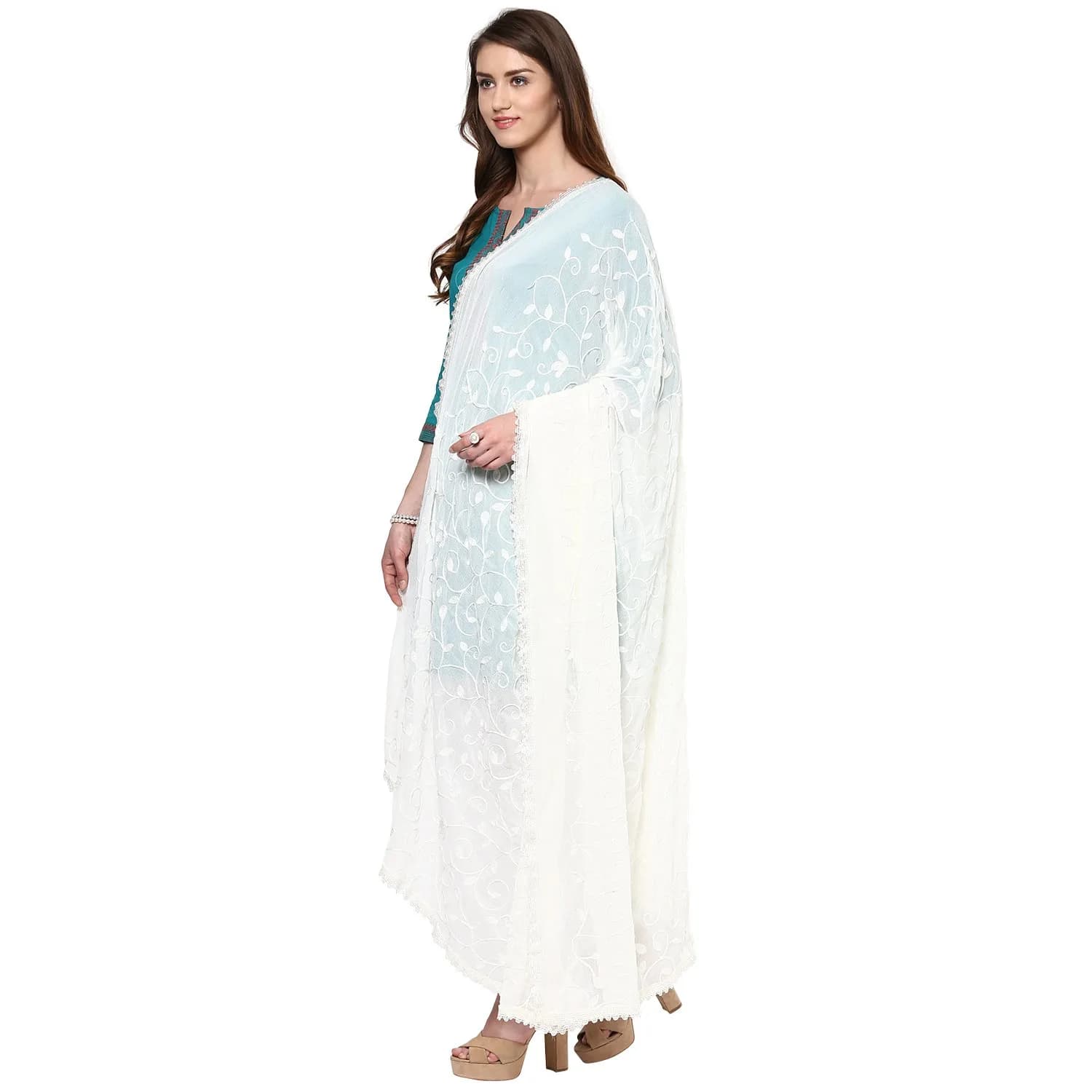 DUPATTA BAZAAR Embroidered Cream Chiffon Dupatta 93x42 inch (236x107 cm) | Soft Wrap for Ethnic & Western Outfits - view 2