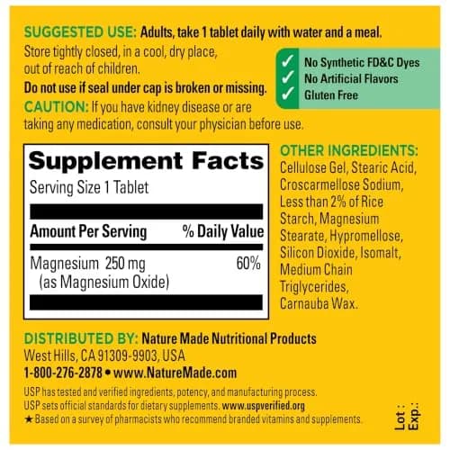 Nature Made Magnesium Oxide 250 mg Tablets 100 Count | Essential Mineral for Muscle, Heart, Bone & Nerve Health thumbnail 7