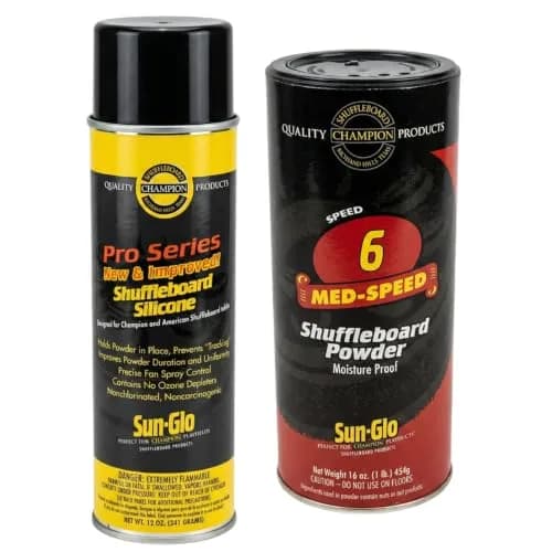 Sun-Glo Shuffleboard Maintenance Bundle: Speed 6 Medium Speed Powder Wax (16 oz) & Silicone Spray (12 oz) | Complete Care Kit for Small Tables thumbnail 1