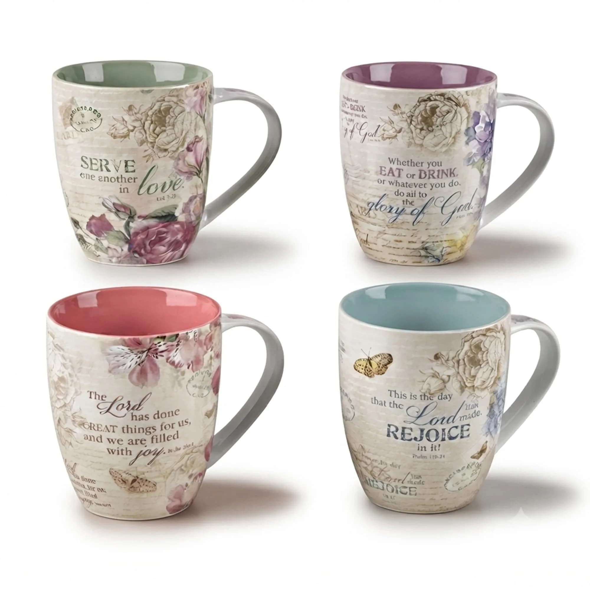 Christian Art Gifts Ceramic Coffee/Tea Mug Set for Women, Multicolor | Scripture & Floral Design, 11oz — Vintage Floral Inspirations, Set 4/11oz.