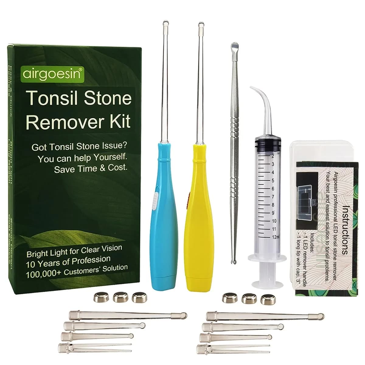 airgoesin Tonsil Stone Remover LED Kit with Irrigator & Steel Pick for Fresh Breath (17 Piece Set) — Blue & Yellow