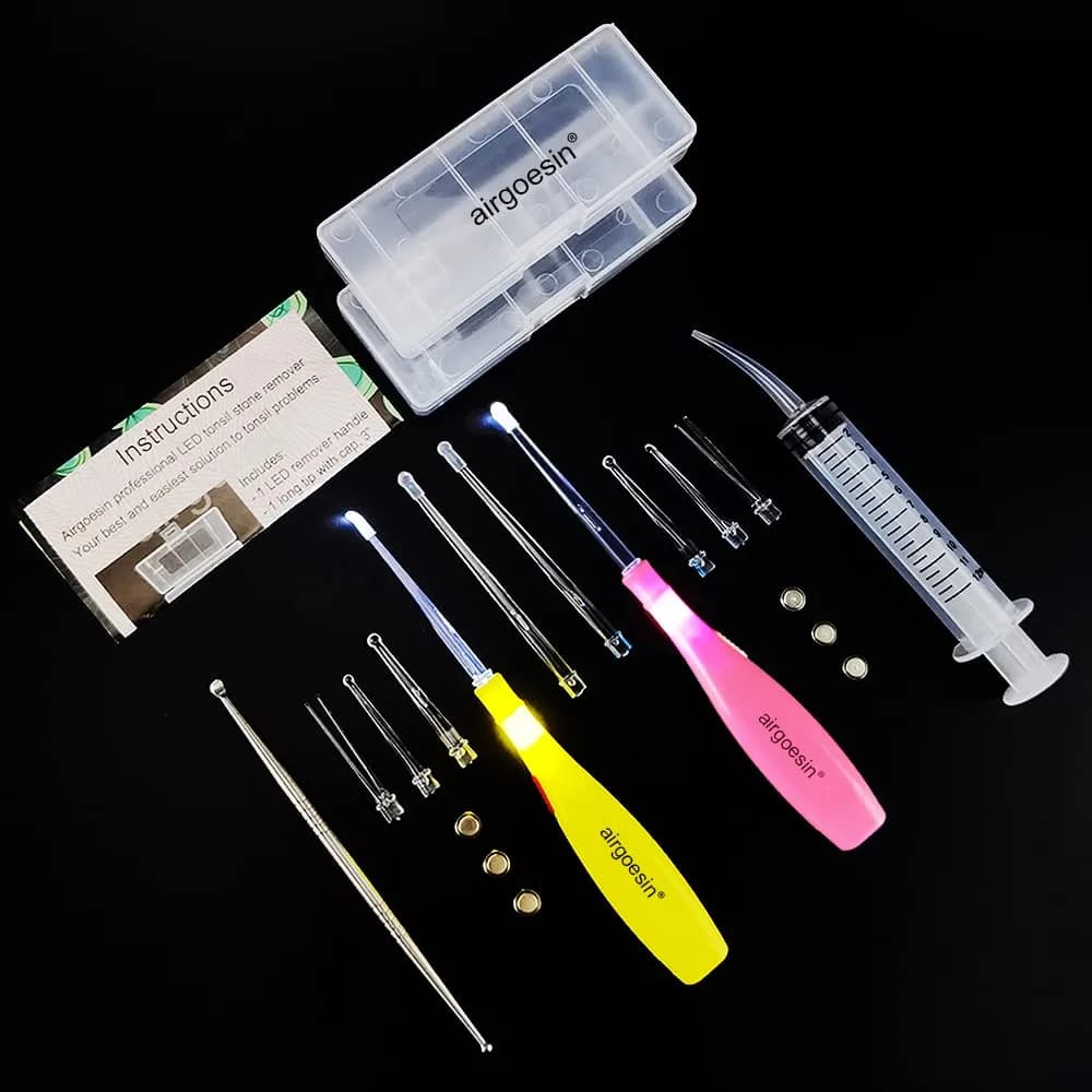 Airgoesin Tonsil Stone Remover LED Tool Kit 2 Sets | Painless Removal for Fresher Breath — Yellow & Pink