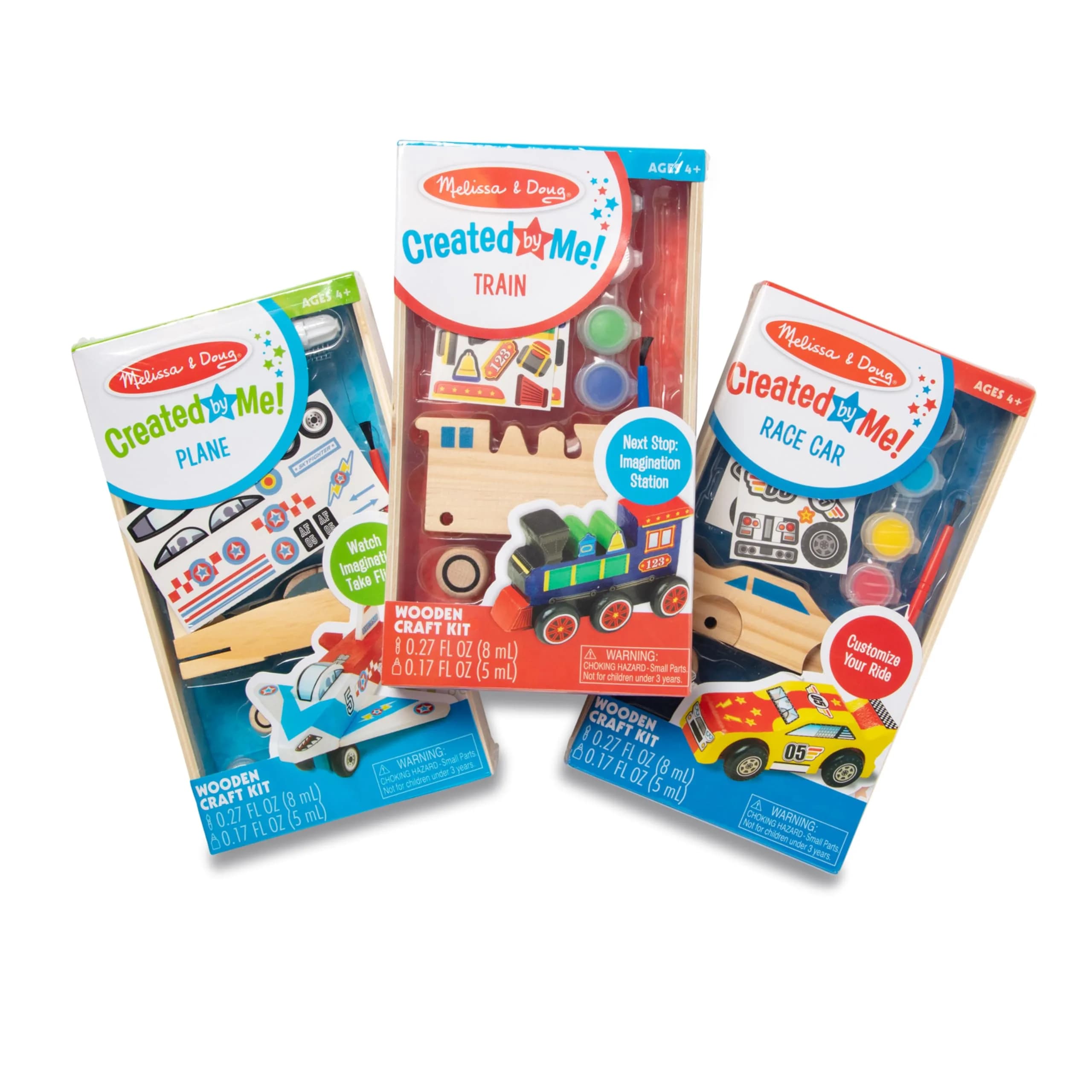 Melissa & Doug Decorate-Your-Own Wooden Craft Kits Set - Plane, Train, and Race Car | Creative, Screen-Free Fun for Kids