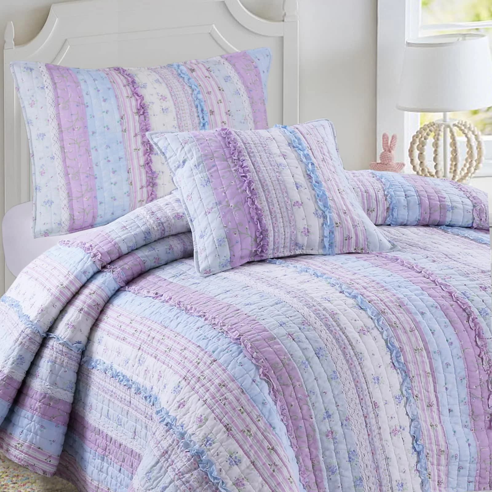Cozy Line Home Fashions Raelynn Romantic Lace Orchid Purple Blue Flower Print Stripe Cotton 3D Bedding Quilt Set with Sham, Lavender, Twin - 2 Piece - main product image