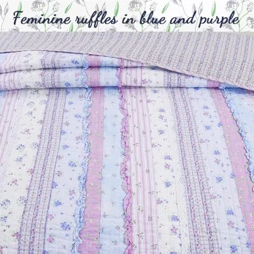 Cozy Line Home Fashions Raelynn Romantic Lace Orchid Purple Blue Flower Print Stripe Cotton 3D Bedding Quilt Set with Sham, Lavender, Twin - 2 Piece thumbnail 4