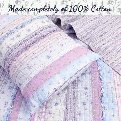 Cozy Line Home Fashions Raelynn Romantic Lace Orchid Purple Blue Flower Print Stripe Cotton 3D Bedding Quilt Set with Sham, Lavender, Twin - 2 Piece thumbnail 5