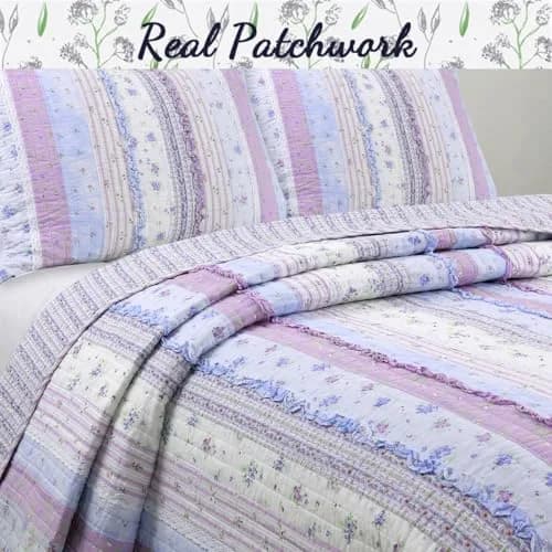 Cozy Line Home Fashions Raelynn Romantic Lace Orchid Purple Blue Flower Print Stripe Cotton 3D Bedding Quilt Set with Sham, Lavender, Twin - 2 Piece thumbnail 2