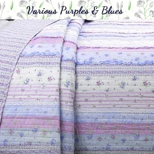Cozy Line Home Fashions Raelynn Romantic Lace Orchid Purple Blue Flower Print Stripe Cotton 3D Bedding Quilt Set with Sham, Lavender, Twin - 2 Piece thumbnail 3