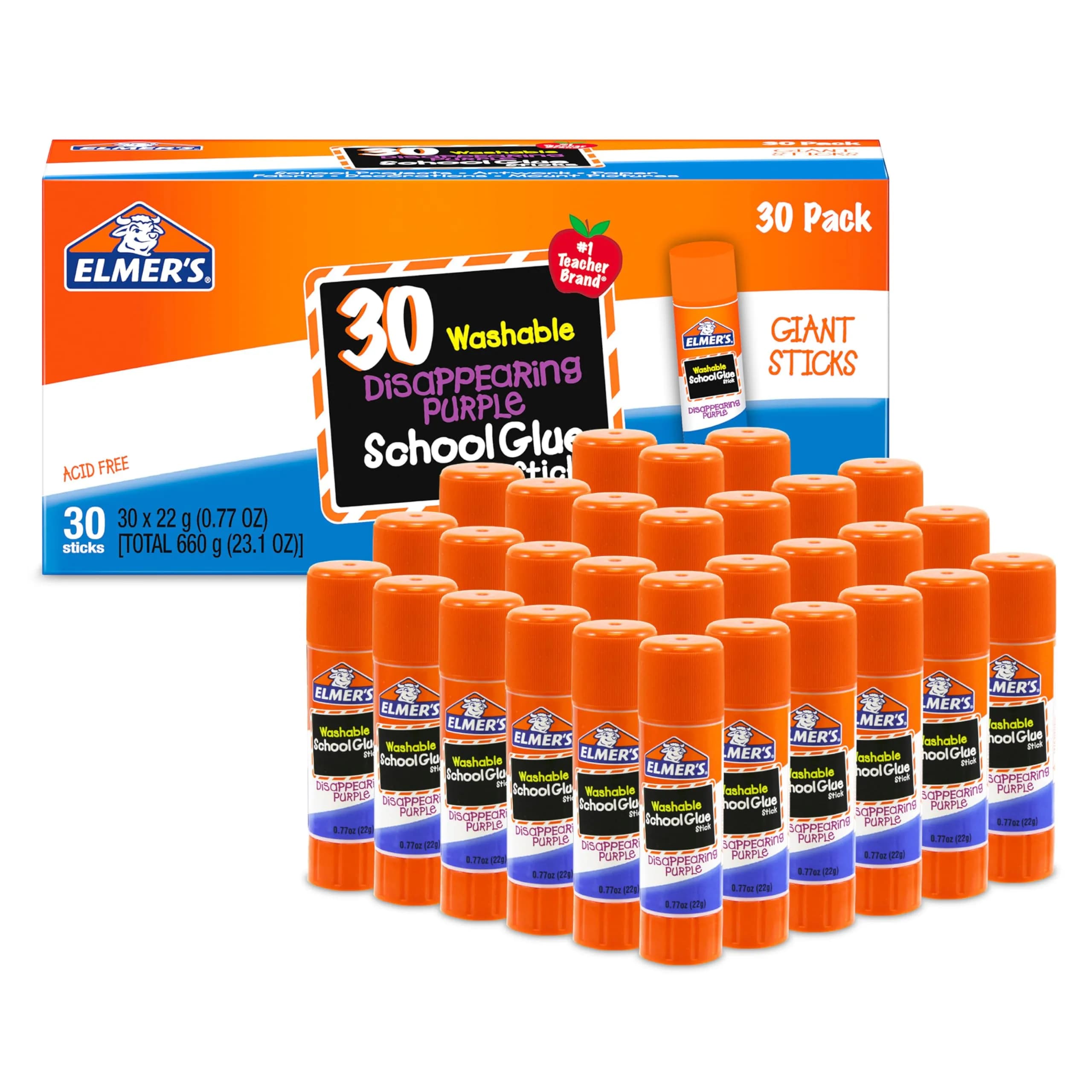 Elmer's Disappearing Purple School Glue Sticks, Washable, 22 Grams, 30 Count | #1 Teacher Brand — Stick