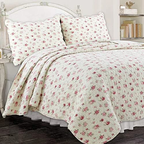 Cozy Line Home Fashions Pink Rose Garden Floral 100% Cotton Reversible Coverlet Bedspread Quilt Bedding Set (Ivory Rose, King) thumbnail 1