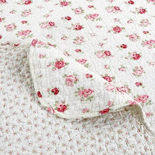 Cozy Line Home Fashions Pink Rose Garden Floral 100% Cotton Reversible Coverlet Bedspread Quilt Bedding Set (Ivory Rose, King) thumbnail 4