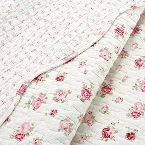 Cozy Line Home Fashions Pink Rose Garden Floral 100% Cotton Reversible Coverlet Bedspread Quilt Bedding Set (Ivory Rose, King) thumbnail 3