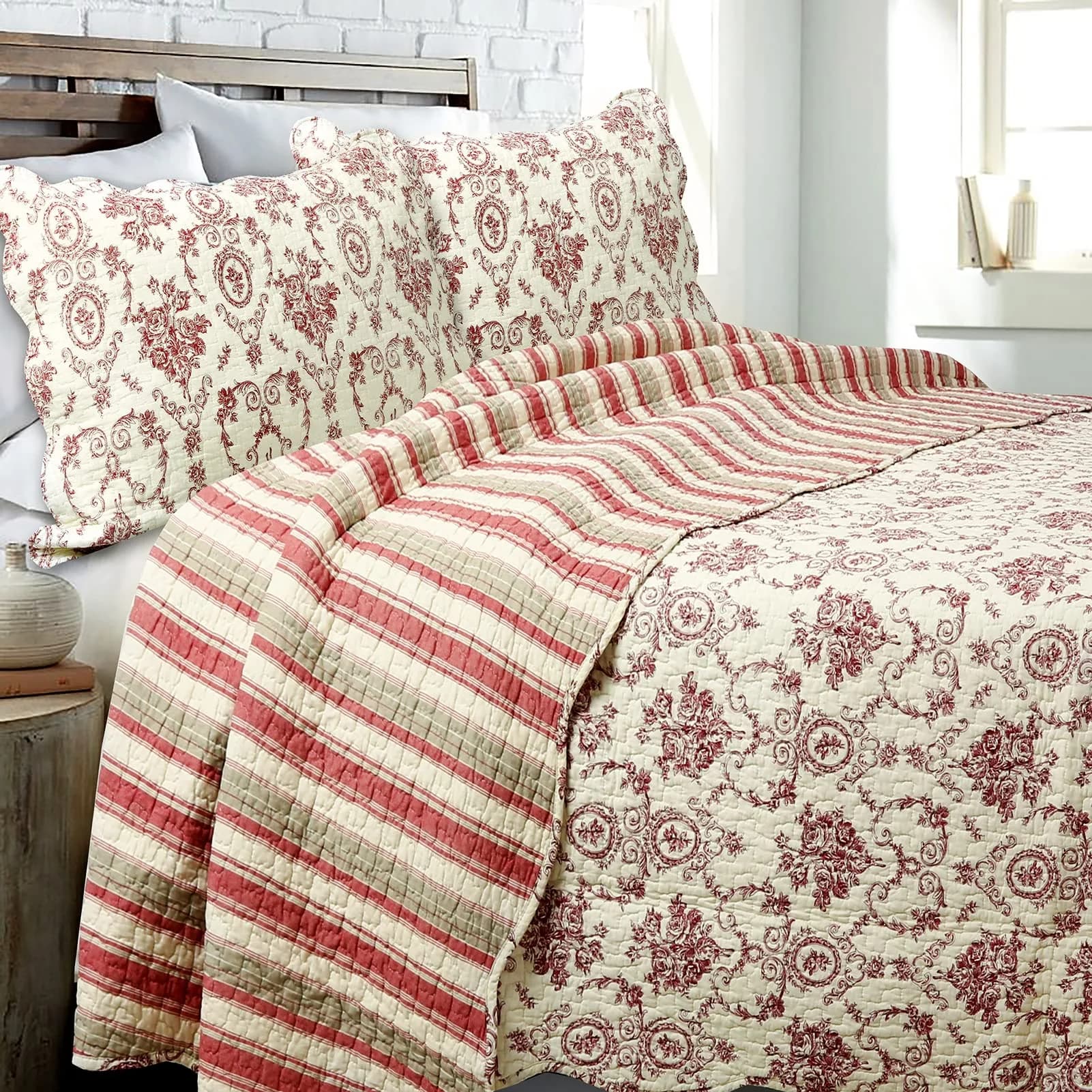 Cozy Line Home Fashions French Medallion Beige Burgundy Red Rose Flower Pattern Printed 100% Cotton Bedding Quilt Set Reversible Coverlet Bedspread (Burgundy Red, King - 3 piece) — Burgundy Red