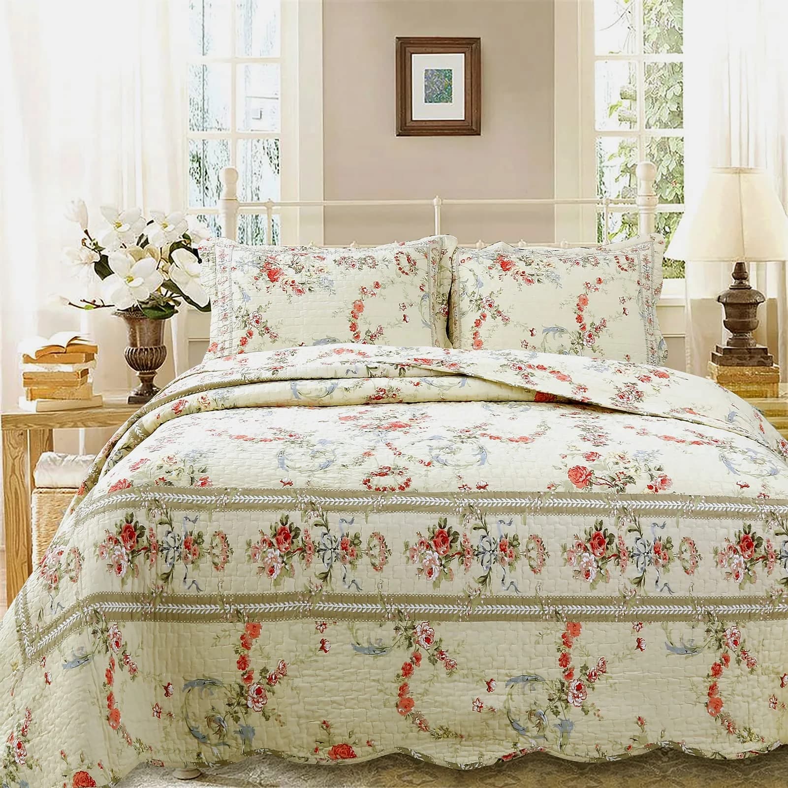Cozy Line Home Fashions Khaki Cream Yellow Floral Blooming 100% Cotton Reversible Quilt Bedding Set Coverlet Bedspread Twin — Rose Romance