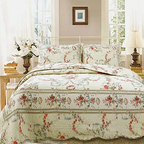 Cozy Line Home Fashions Khaki Cream Yellow Floral Blooming 100% Cotton Reversible Quilt Bedding Set Coverlet Bedspread Twin thumbnail 1
