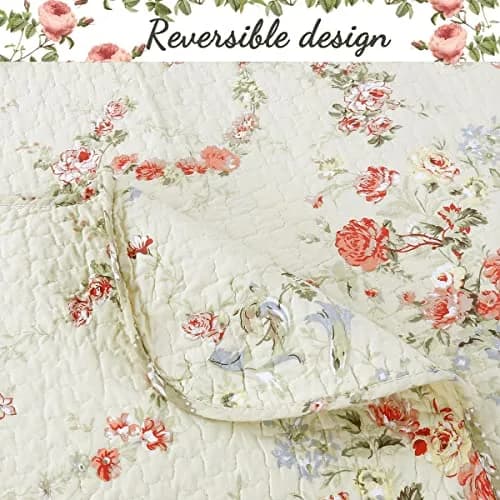 Cozy Line Home Fashions Khaki Cream Yellow Floral Blooming 100% Cotton Reversible Quilt Bedding Set Coverlet Bedspread Twin thumbnail 5