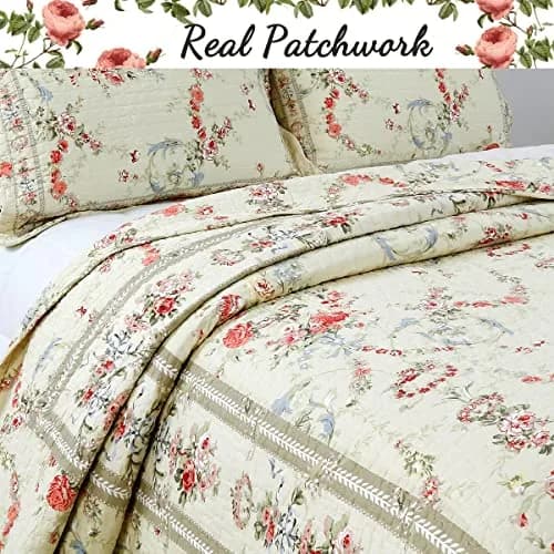 Cozy Line Home Fashions Khaki Cream Yellow Floral Blooming 100% Cotton Reversible Quilt Bedding Set Coverlet Bedspread Twin thumbnail 2