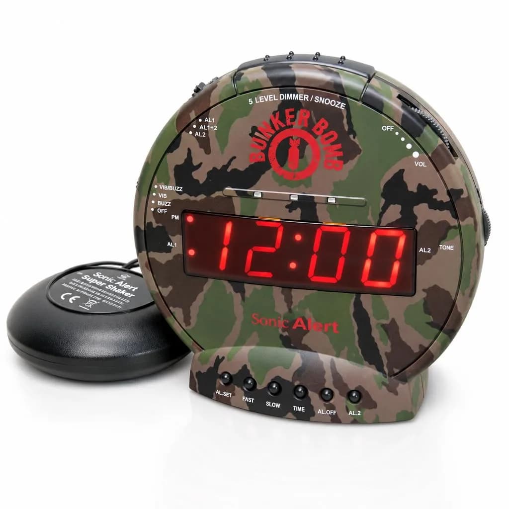 Sonic Alert Sonic Bomb Dual Alarm Clock with Bed Shaker Camouflage | Heavy Sleepers Wake with a Shake